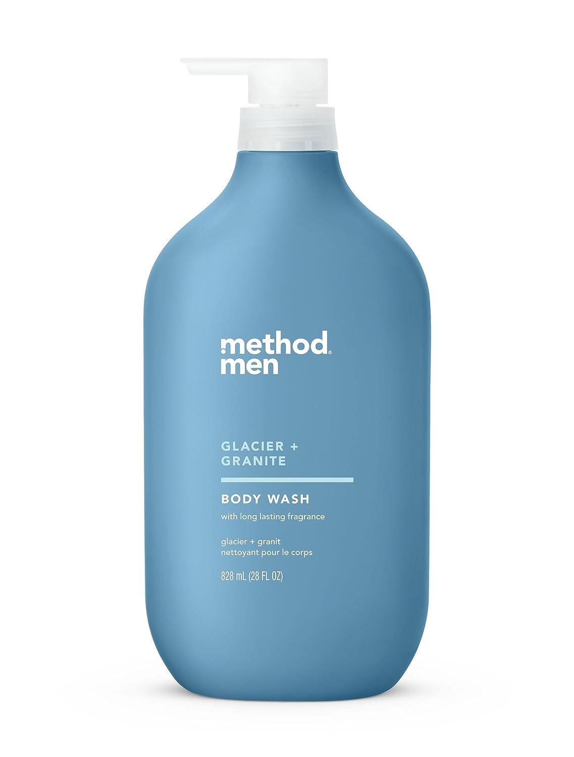 Method bottle front packaging showing Glacier and Granite scent and size benefits