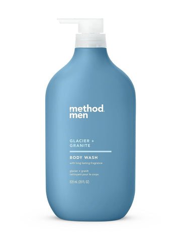 Method bottle front packaging showing Glacier and Granite scent and size benefits
