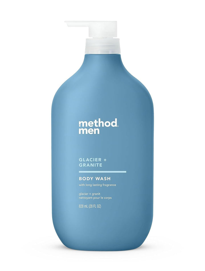 Method bottle front packaging showing Glacier and Granite scent and size benefits