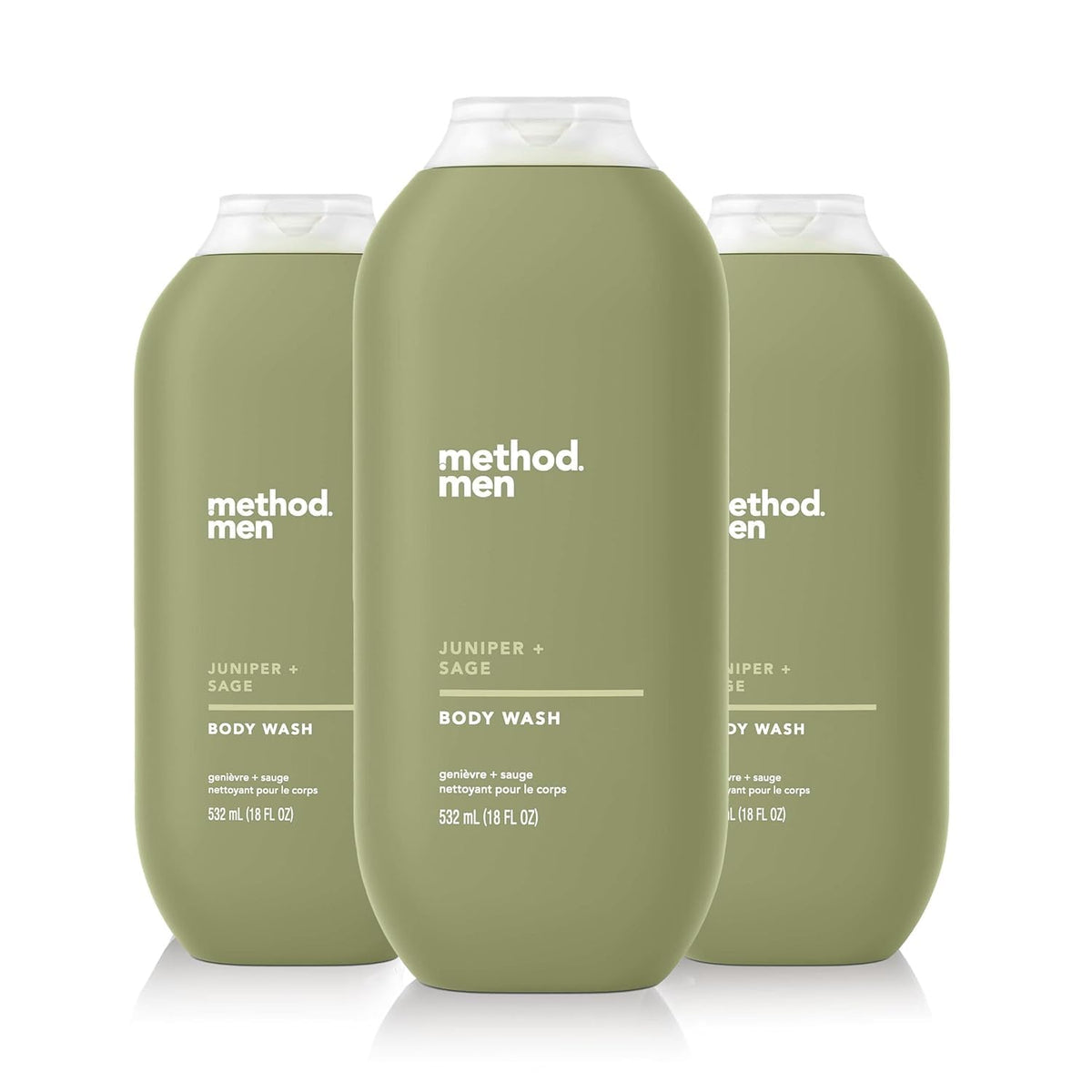 Method Men front packaging showing three 18oz bottles and scent branding benefits