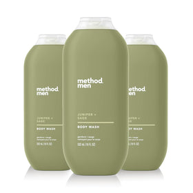 Method Men front packaging showing three 18oz bottles and scent branding benefits