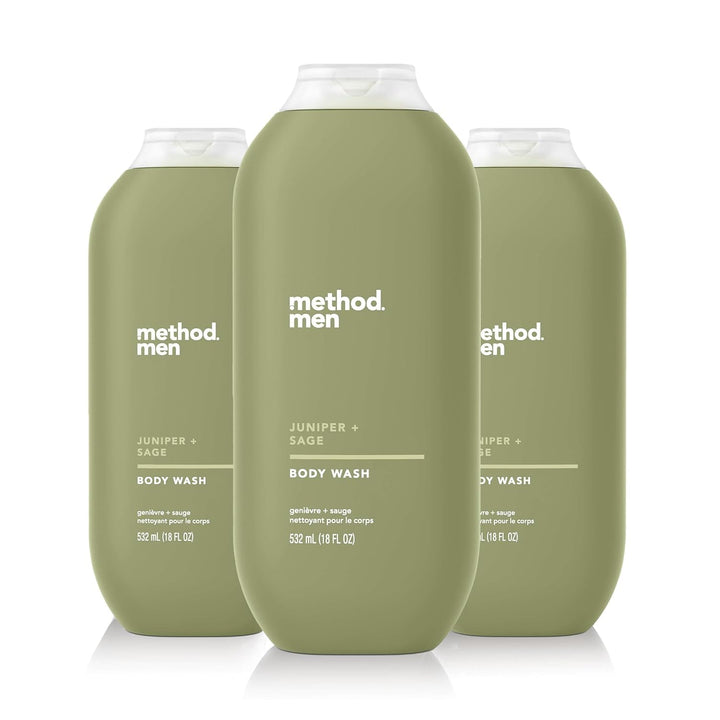 Method Men front packaging showing three 18oz bottles and scent branding benefits