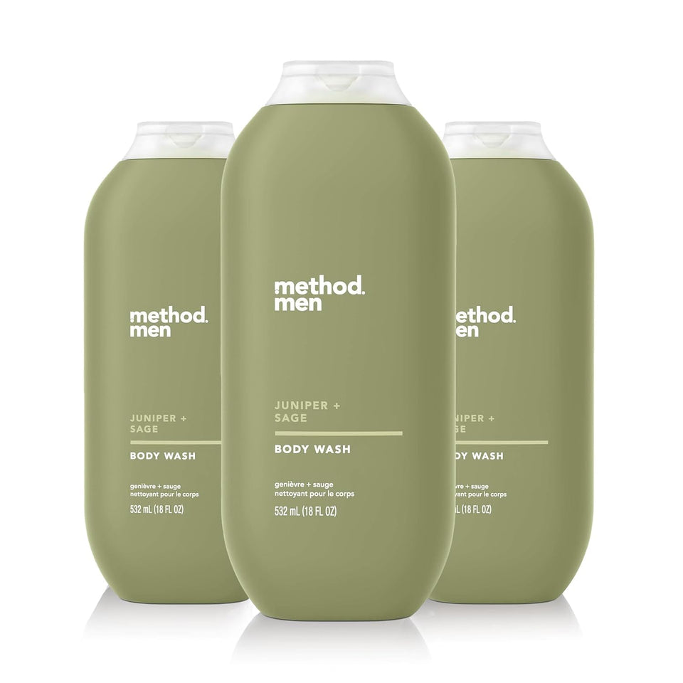 Method Men front packaging showing three 18oz bottles and scent branding benefits