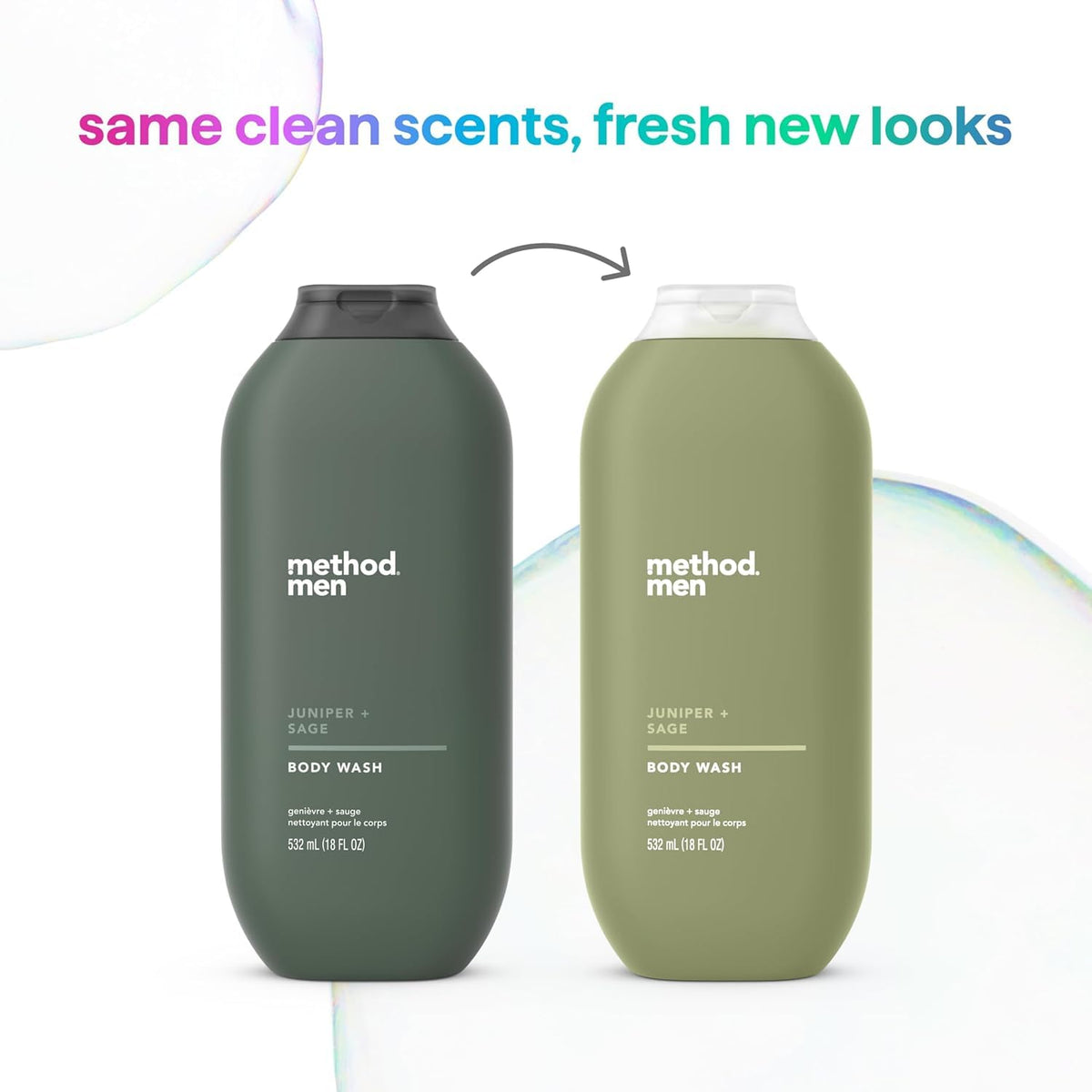 Method Men next to a water bottle showing 18oz size and lasting supply