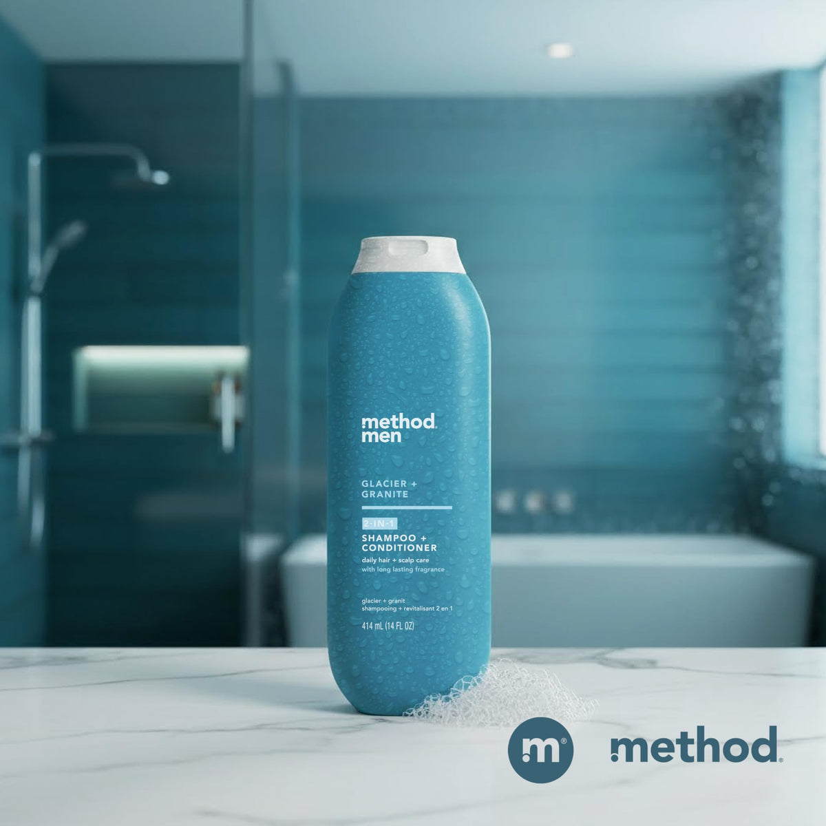 Method men bottle on bathroom shelf in lifestyle scene for daily routine appeal