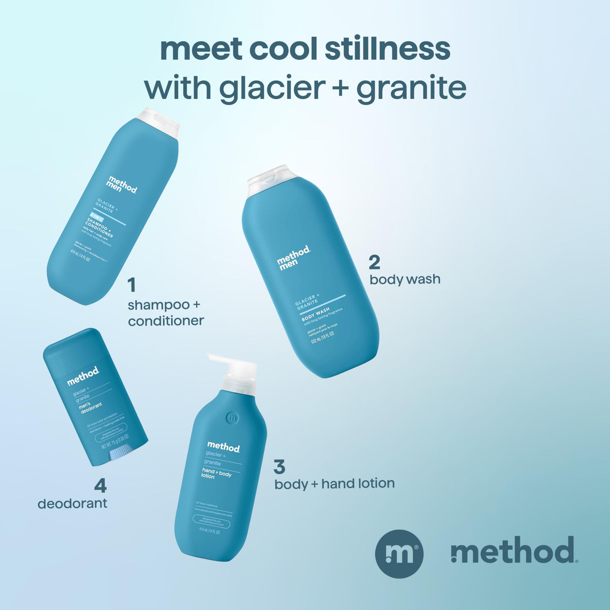 Method men recycled plastic badge on bottle promoting eco-friendly packaging benefit