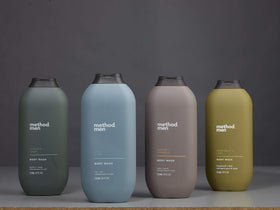 Method Men bottle label highlighting 65% recycled plastic and eco benefit