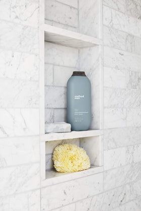 Method in-shower lifestyle image showing invigorating scent benefit during morning routine