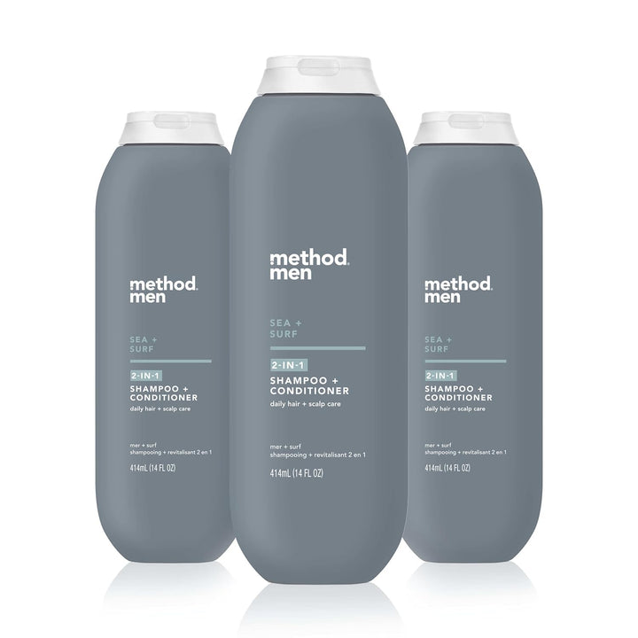 Method men front packaging showing bottle and sea + surf scent benefit