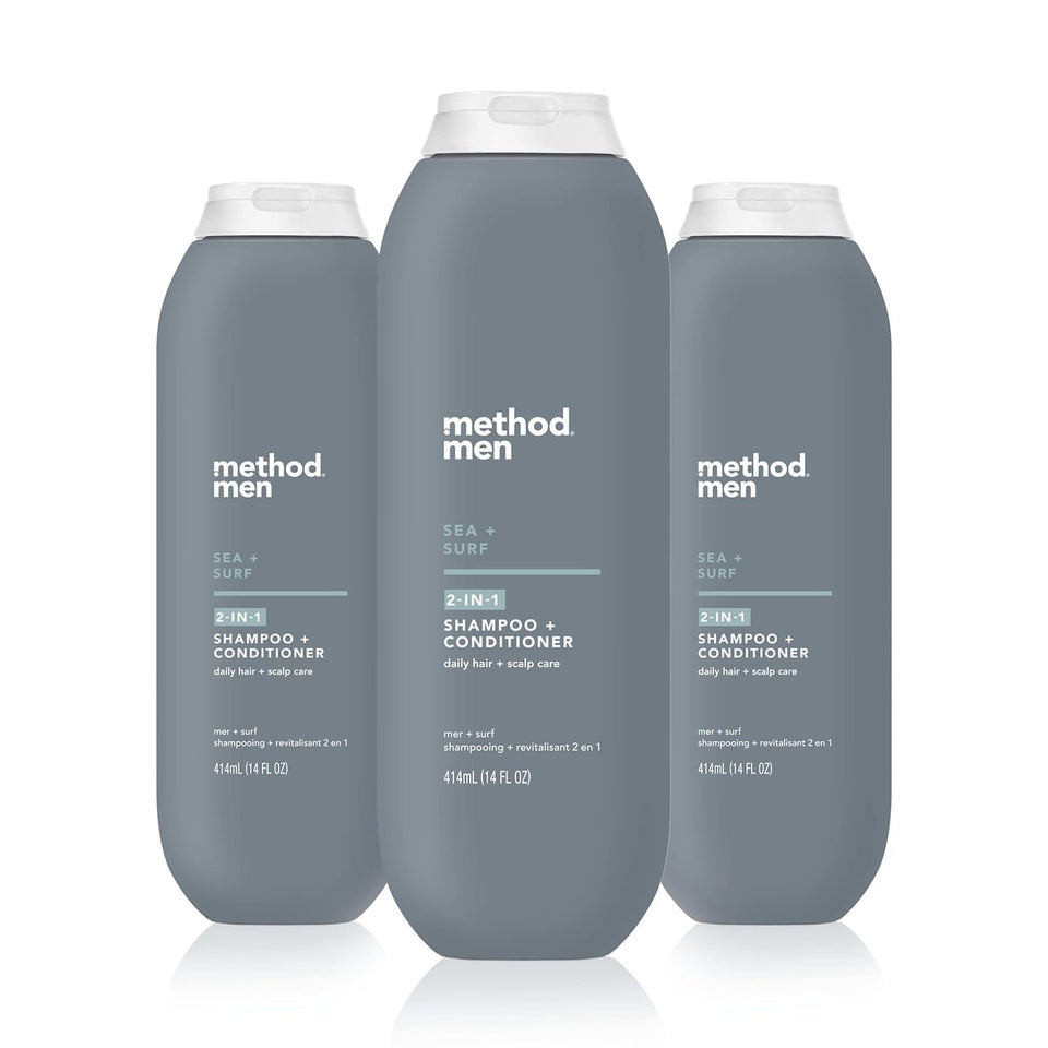 Method men front packaging showing bottle and sea + surf scent benefit