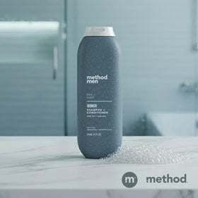 Method men recycled plastic badge close-up showing sustainable packaging benefit