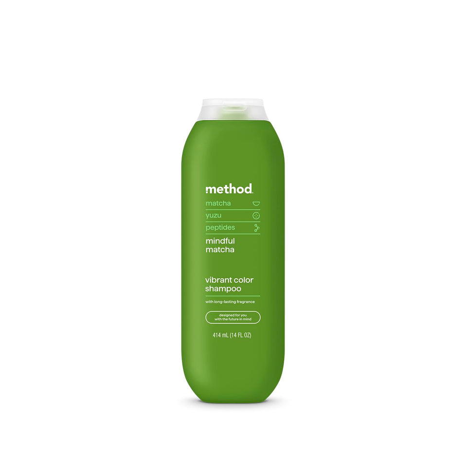 Method Mindful Matcha front packaging showing bottle and label, highlights color protection