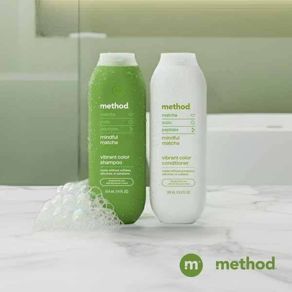 Method shampoo displayed in bathroom setting, shows everyday use and fresh scent