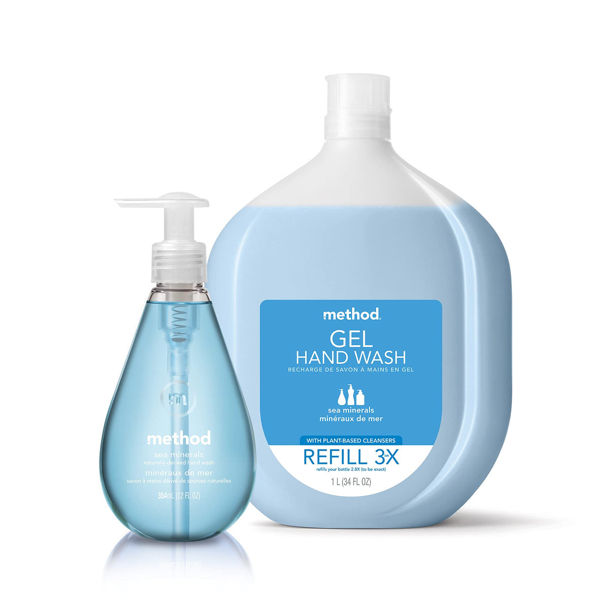 Method Pink Grapefruit bottle on bathroom sink showing usage scene and easy-access hand washing