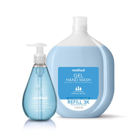 Method Pink Grapefruit bottle on bathroom sink showing usage scene and easy-access hand washing