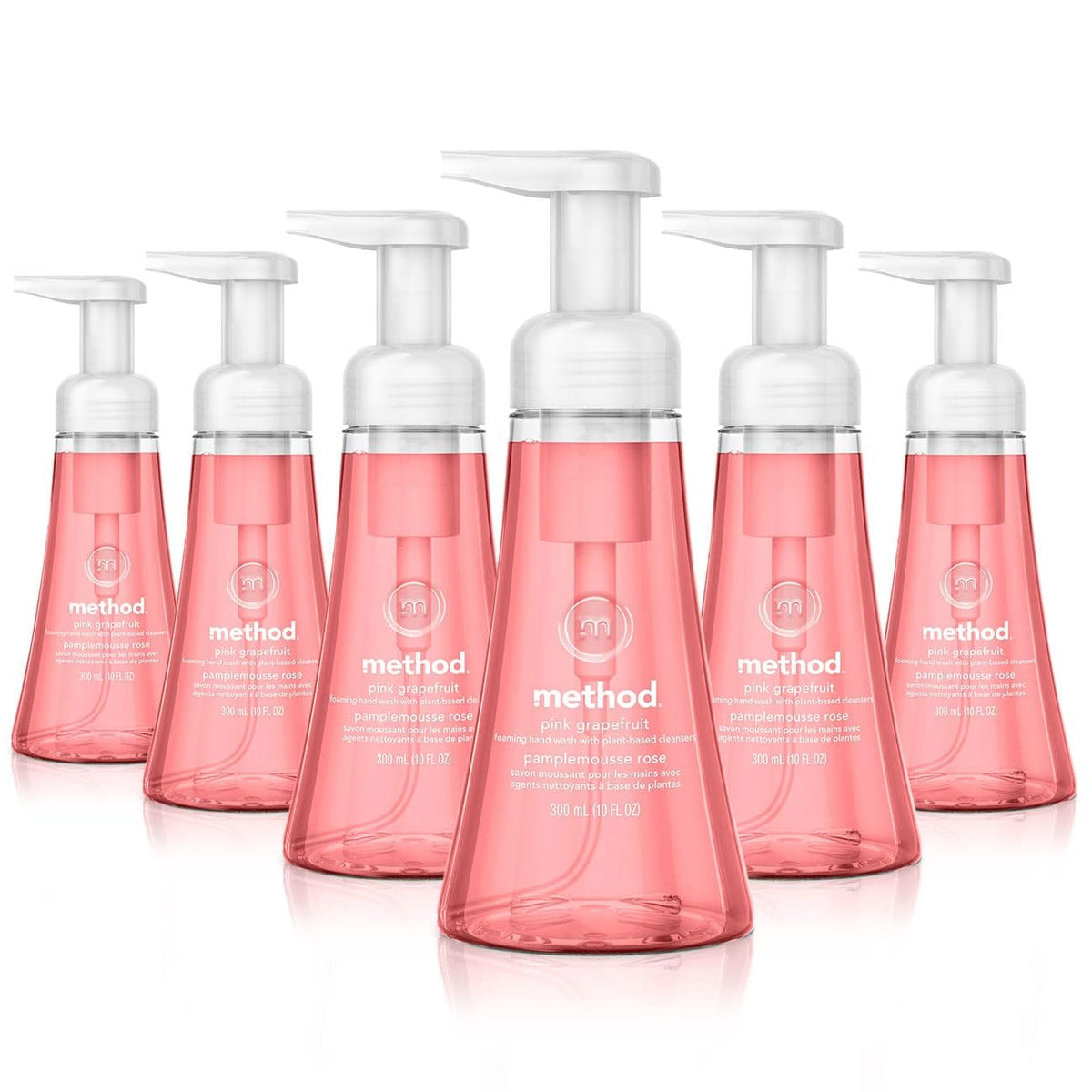 Method Pink Grapefruit foaming hand soap front bottle showing label and 10 fl oz size, bright scent appeal