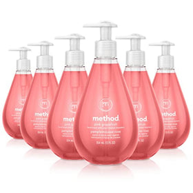 Method Pink Grapefruit front packaging showing six 12 fl oz bottles and vibrant label benefit: easy restocking
