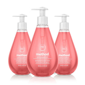 Method Pink Grapefruit front packaging showing three 12 ounce bottles and bright citrus label for refreshing scent