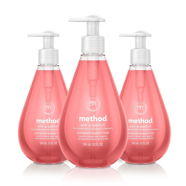 Method Pink Grapefruit front packaging showing three 12 ounce bottles and bright citrus label for refreshing scent