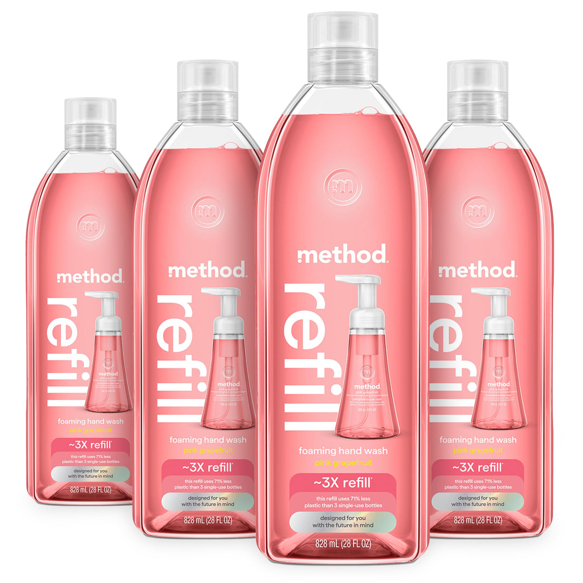 Method front packaging showing refill bottle and recyclable messaging for easy refills