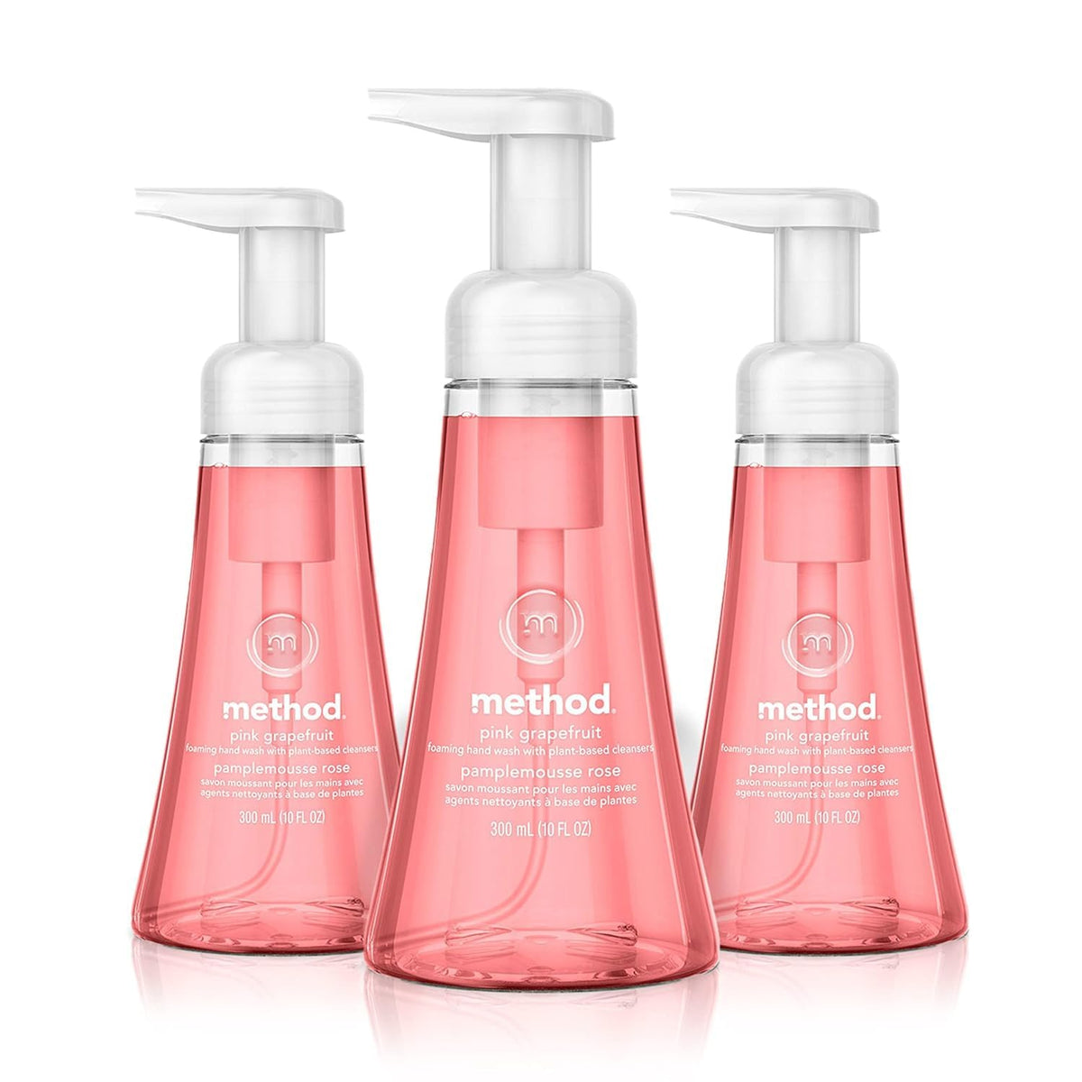 Method pink grapefruit front packaging showing three bottles and bright label for fresh scent