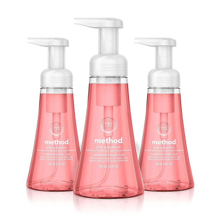 Method pink grapefruit front packaging showing three bottles and bright label for fresh scent