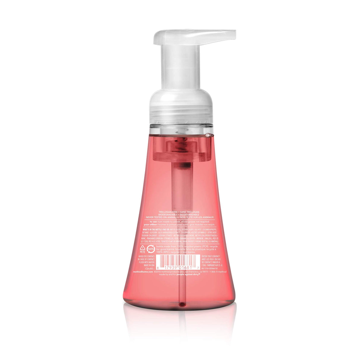 Method pink grapefruit pump closeup highlighting easy-press dispenser and neat foam delivery