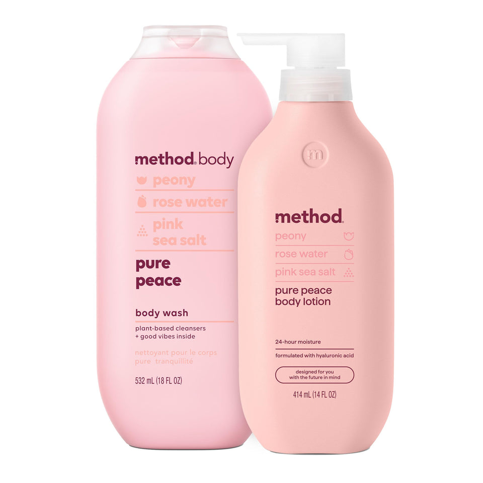 Method pure peace front packaging showing both bottles and floral label benefit: clear product view
