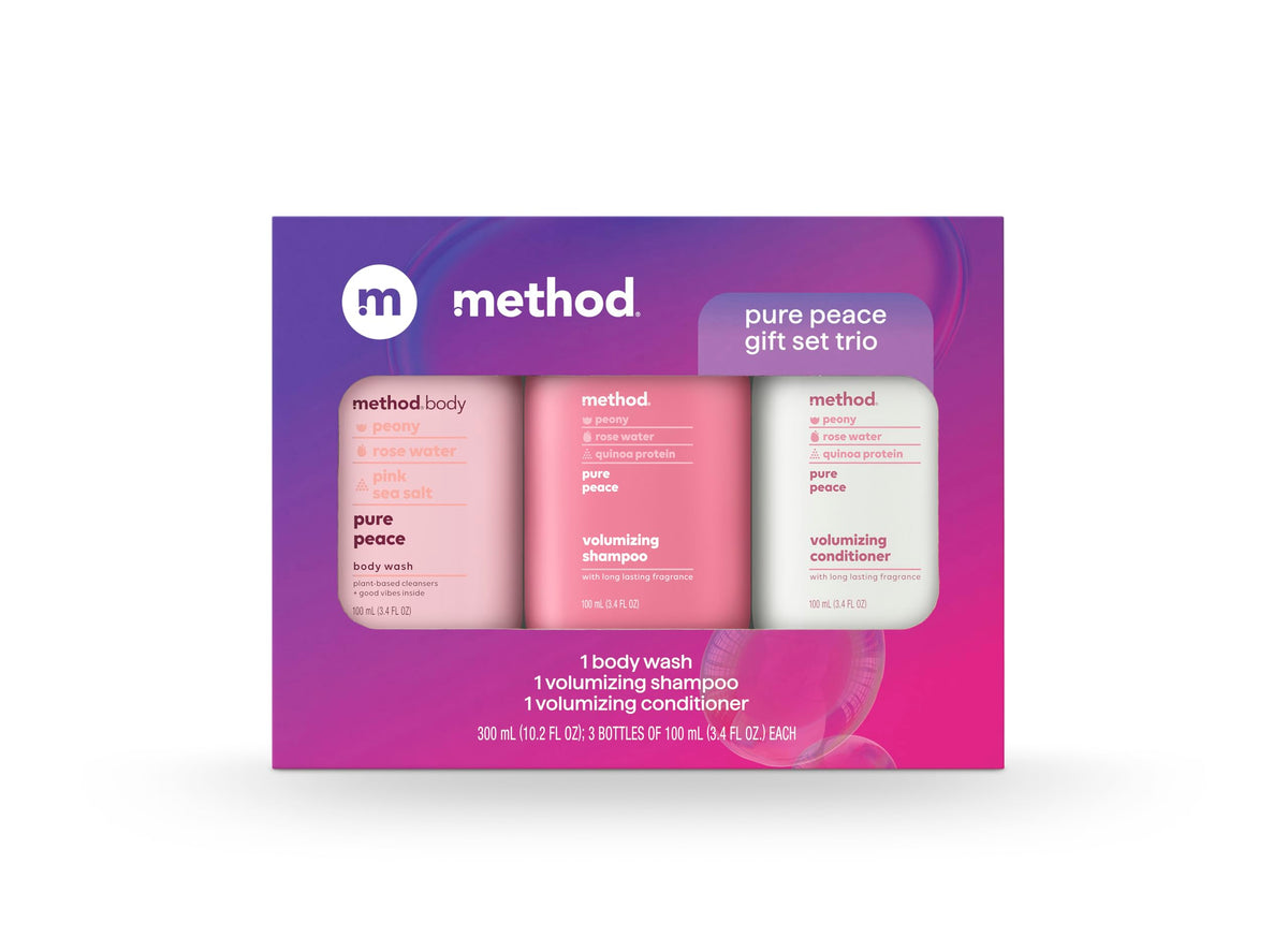 Method Pure Peace front packaging showing three travel bottles and gift-ready look