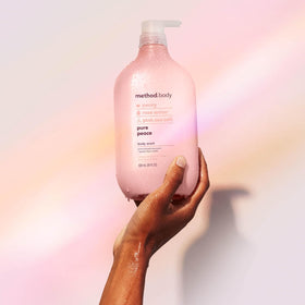 Method Pure Peace in-shower use illustrating calming cleansing benefit