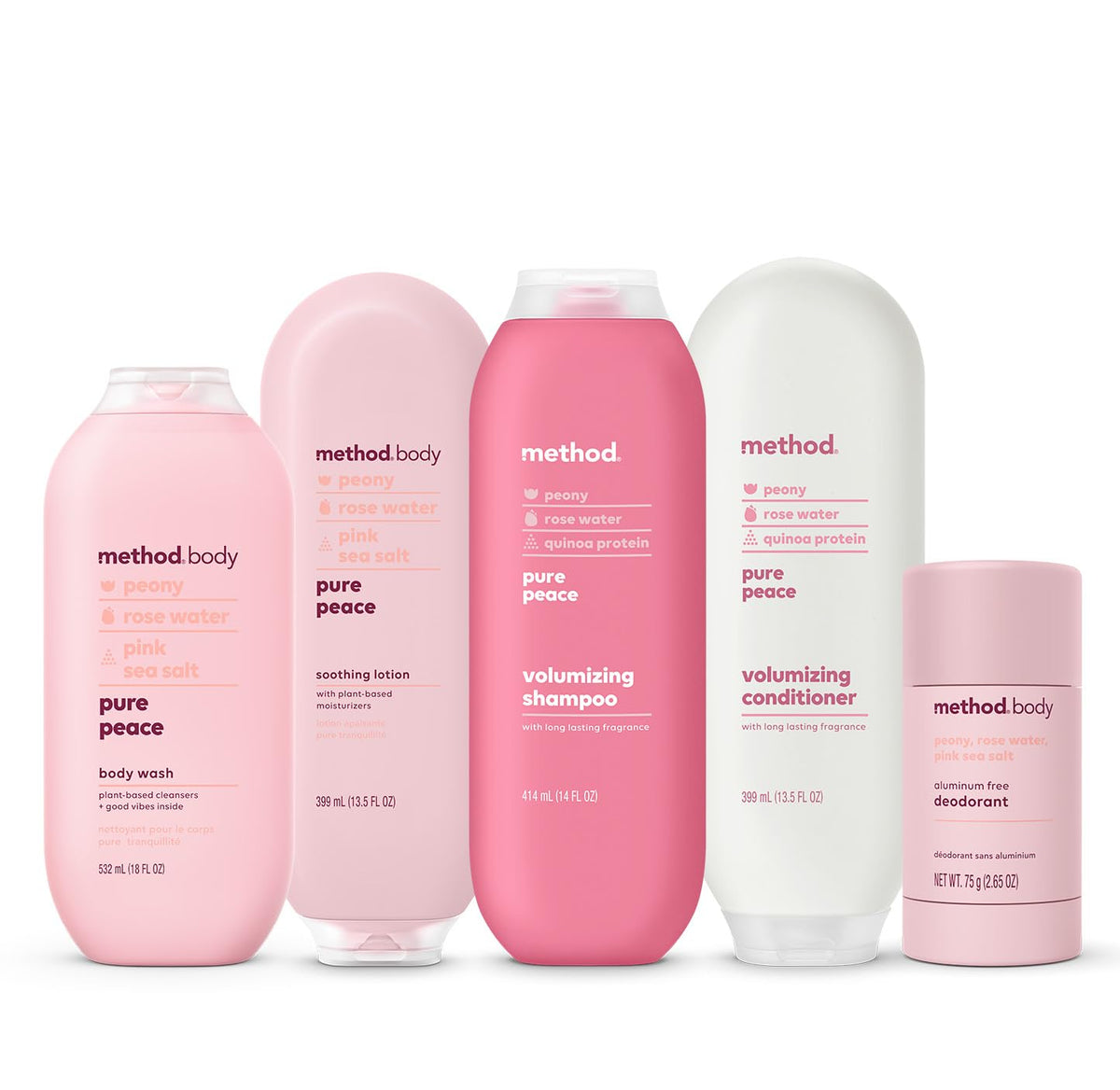 Method Pure Peace bottle on bathroom shelf in calming setting suggesting routine and gentle fragrance