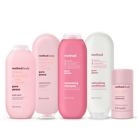 Method Pure Peace bottle on bathroom shelf in calming setting suggesting routine and gentle fragrance