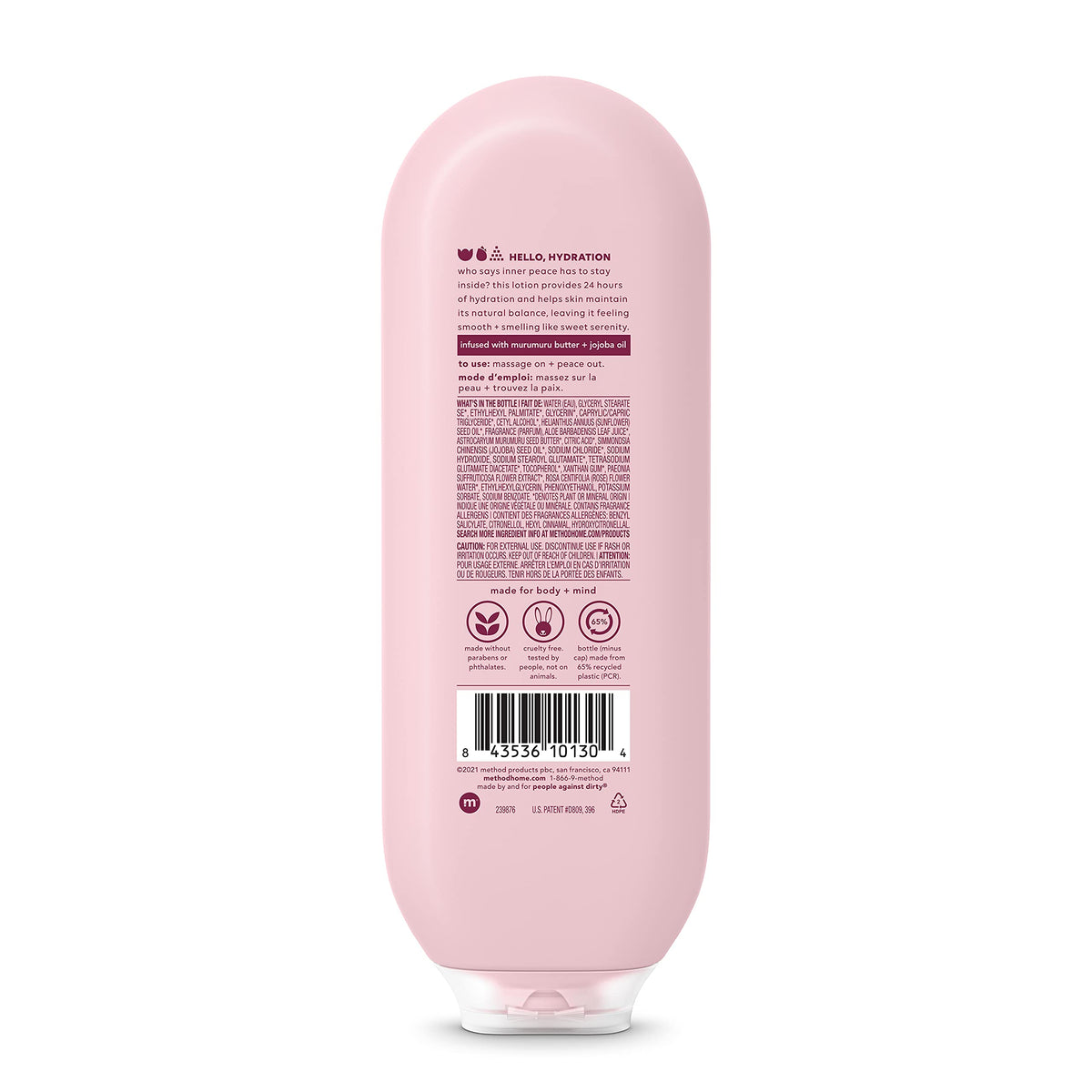Method Pure Peace lotion texture dispensed on hand illustrating lightweight, fast-absorbing hydration
