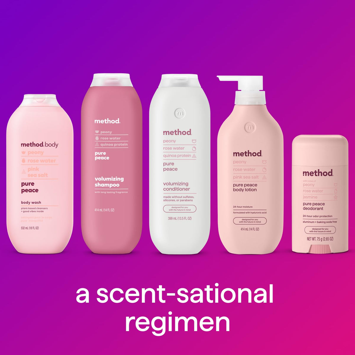 Method bottle held in hand for size scale and travel-friendly benefit
