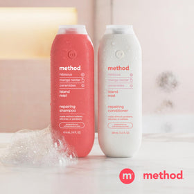 Method bottle inside travel bag illustrating portable repair shampoo benefit