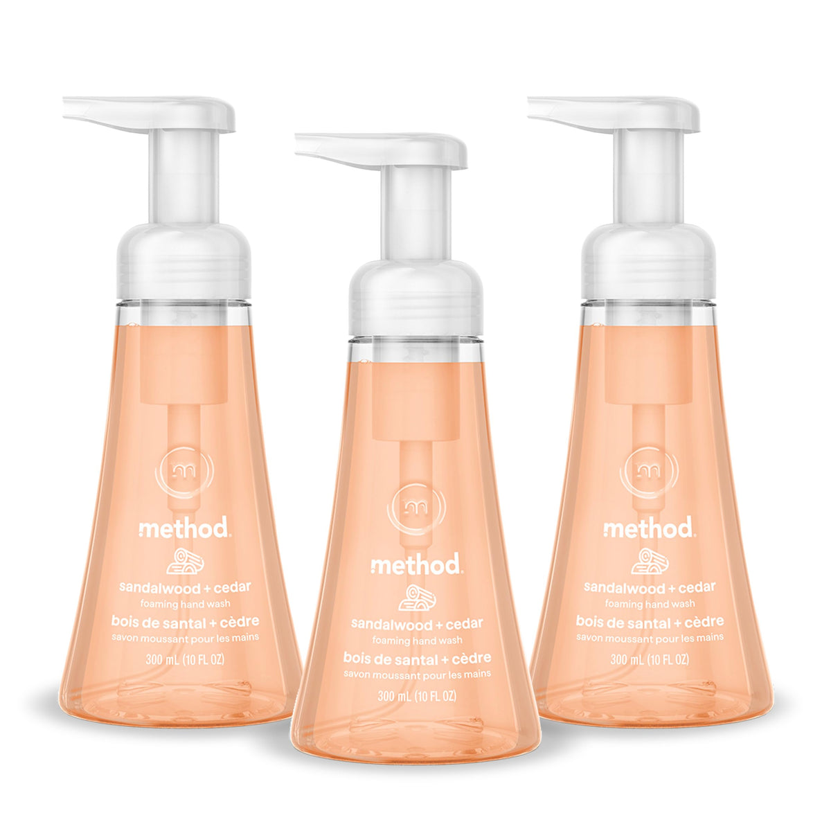 Method Sandalwood + Cedar front packaging showing three 10 fl oz bottles, conveys convenience