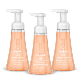 Method Sandalwood + Cedar front packaging showing three 10 fl oz bottles, conveys convenience