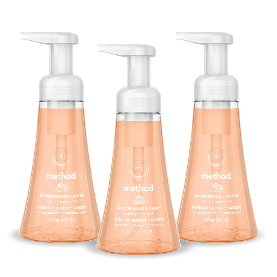 Method Sandalwood + Cedar front packaging showing three 10 fl oz bottles, conveys convenience