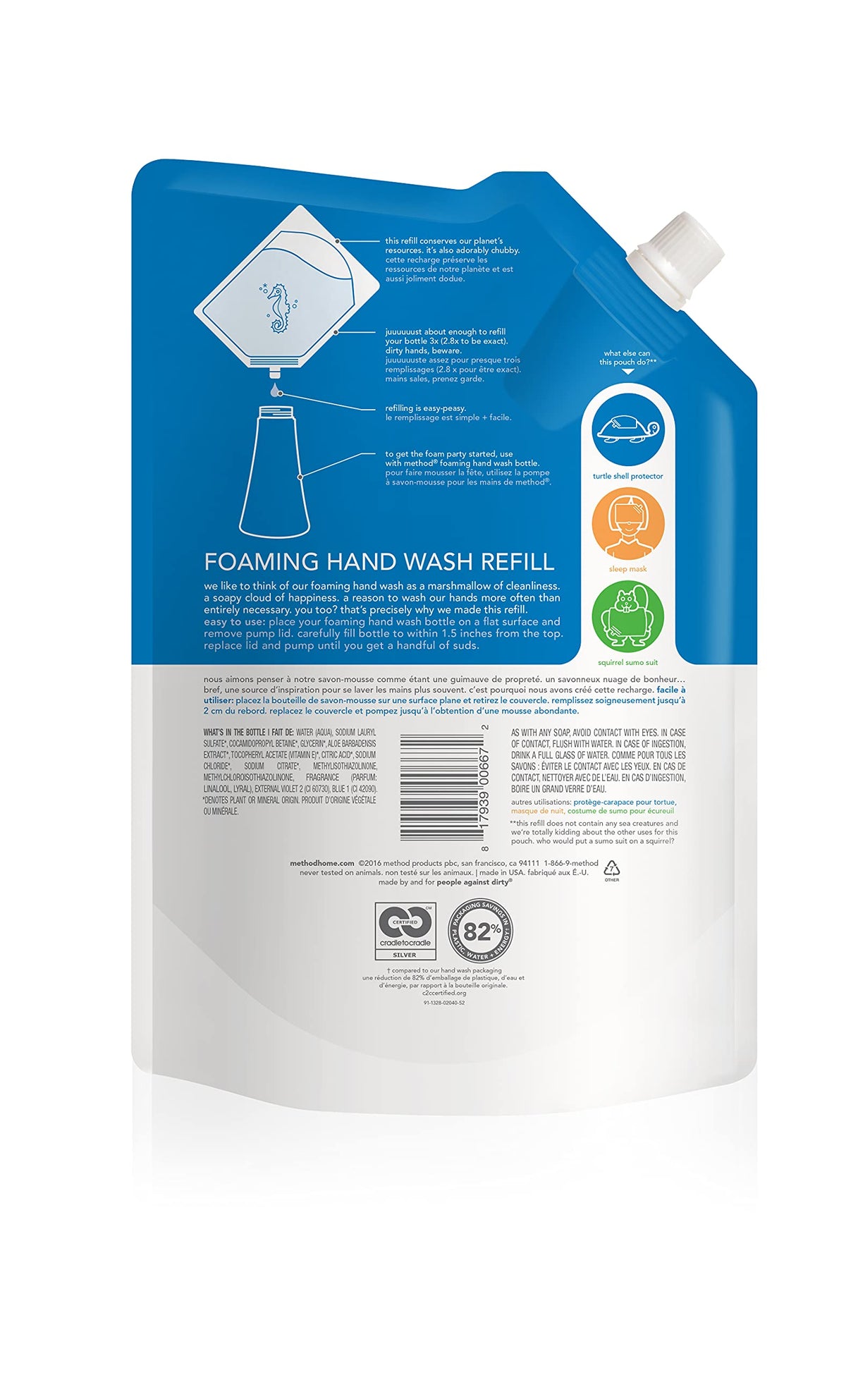 Method close-up pouch spout ready to refill dispenser with minimal mess benefit