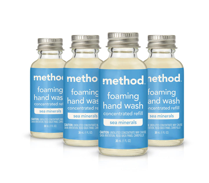 Method Sea Minerals front packaging showing four recyclable glass refills and benefits