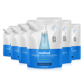 Method front packaging showing six 28 fl oz refill pouches and eco benefit