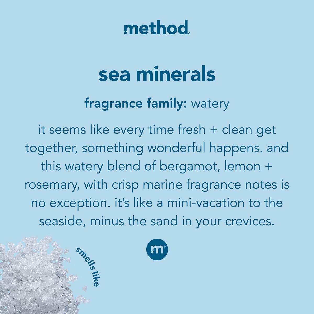 Method Sea Minerals close-up of glass bottle label and cap demonstrating recyclable design