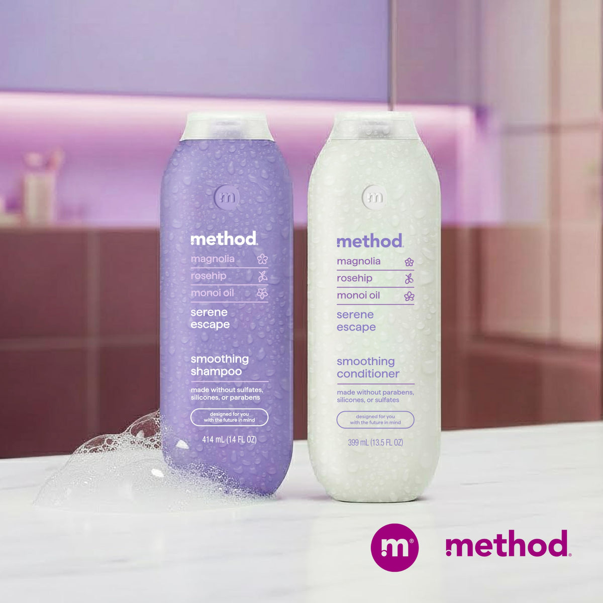 Method shampoo and matching conditioner styled on bathroom vanity for routine