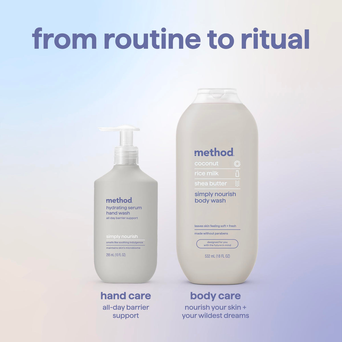 Method three bottles arranged to display the pack of three value and consistent design