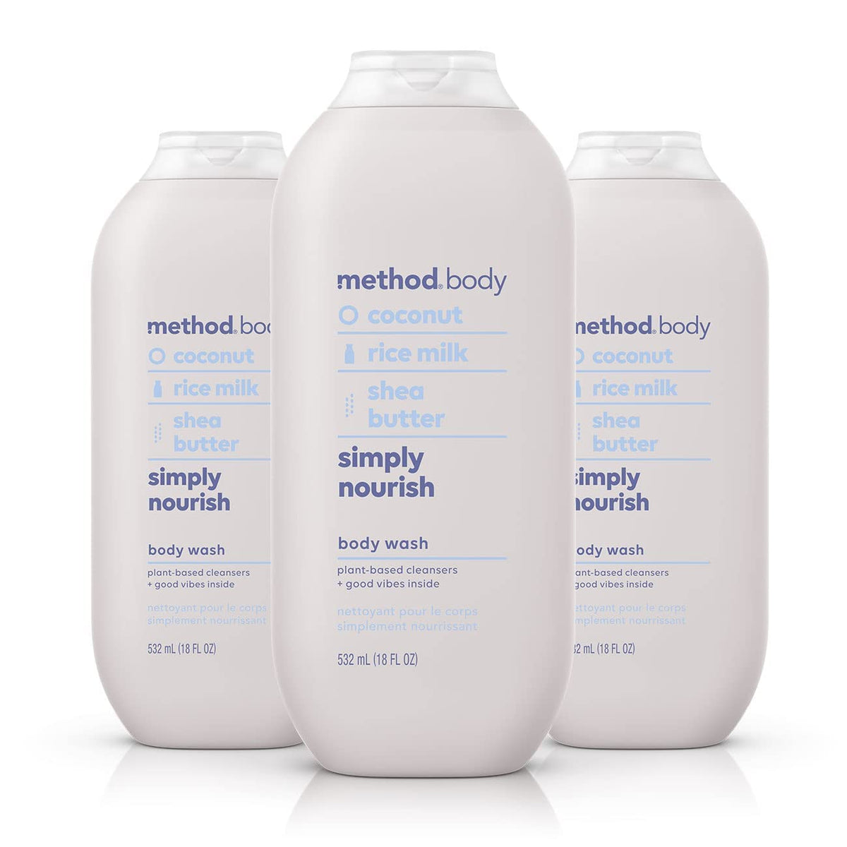 Method front packaging showing three 18 oz bottles and benefits