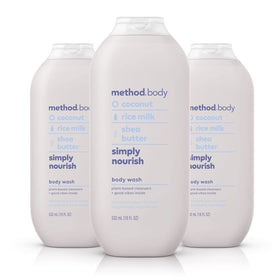 Method front packaging showing three 18 oz bottles and benefits