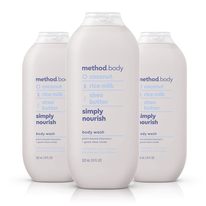 Method front packaging showing three 18 oz bottles and benefits