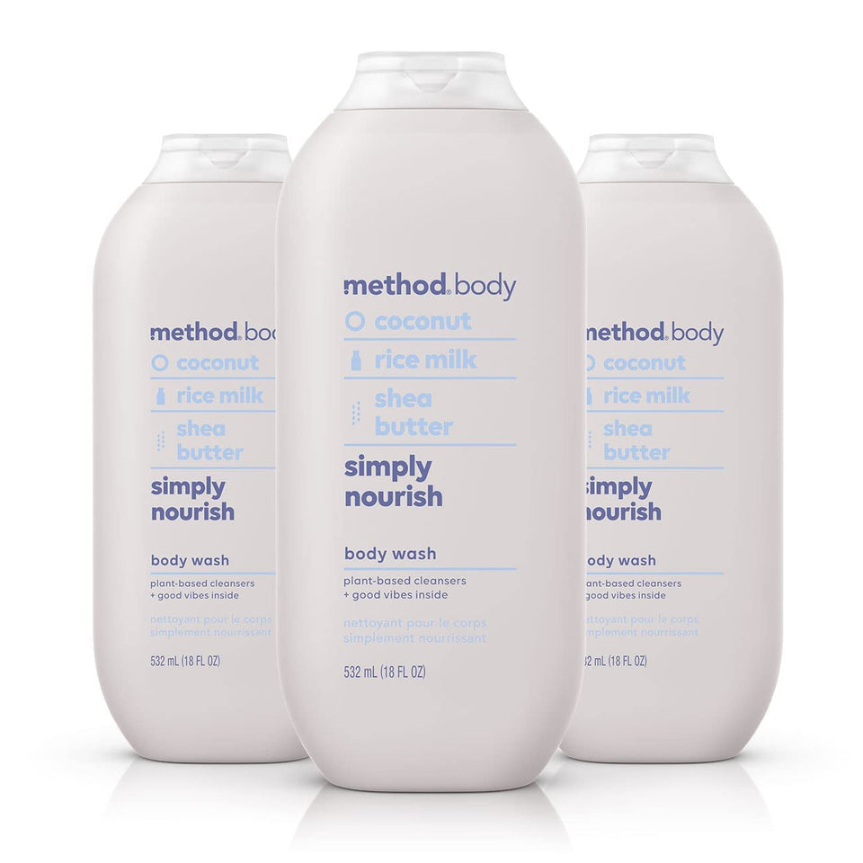 Method front packaging showing three 18 oz bottles and benefits