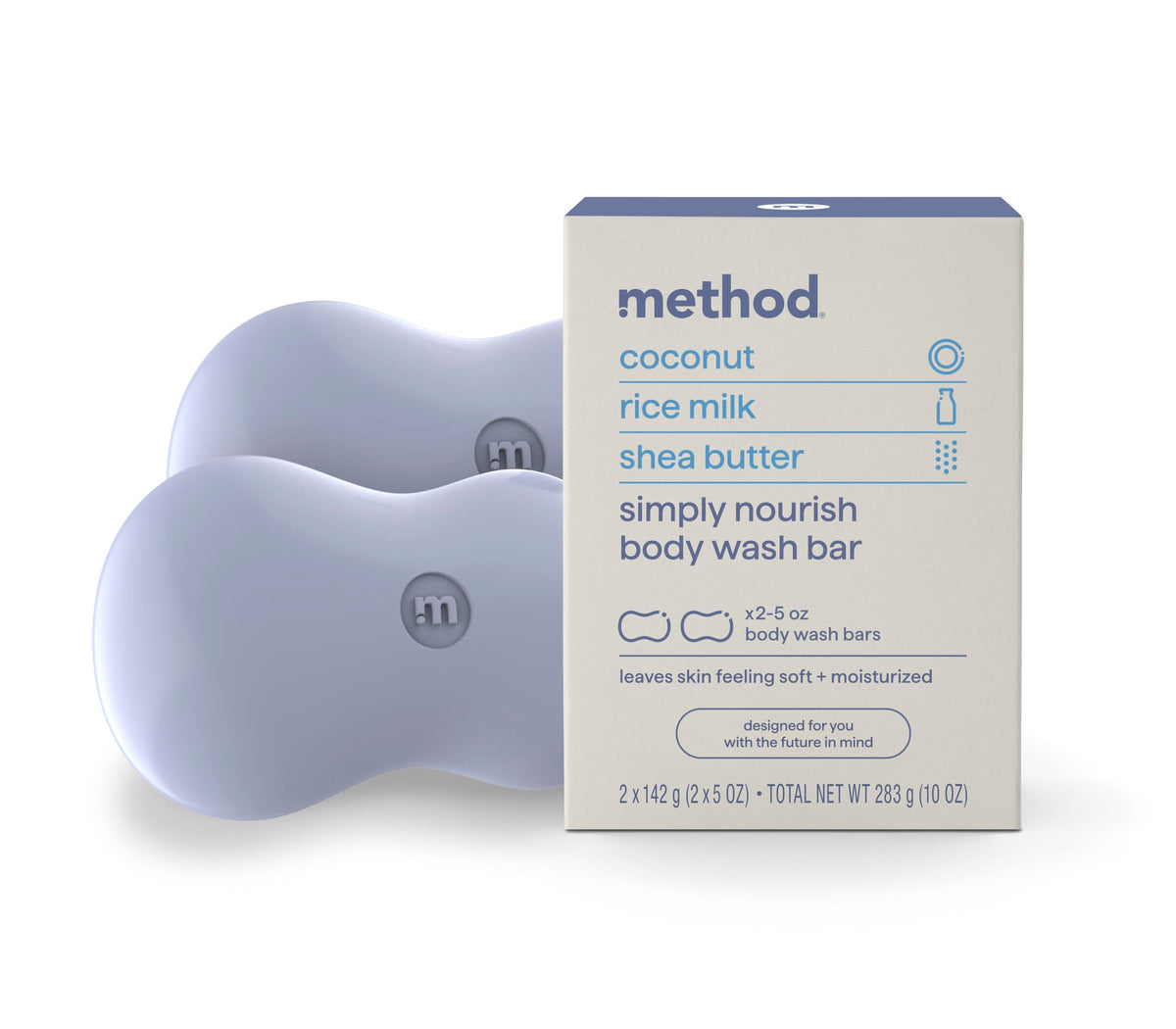 Method Simply Nourish front packaging showing two plastic-free bars and scent name