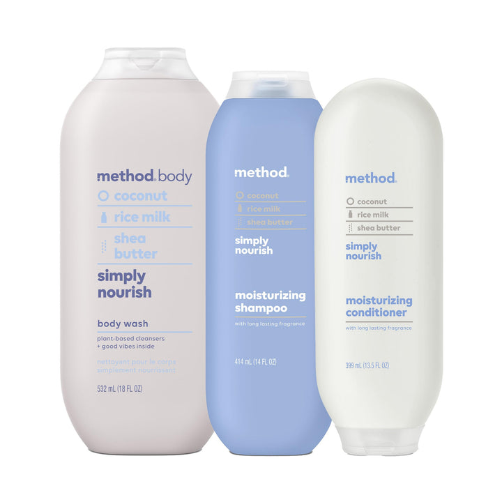 Method front packaging gift set showing three bottles and neat presentation benefit